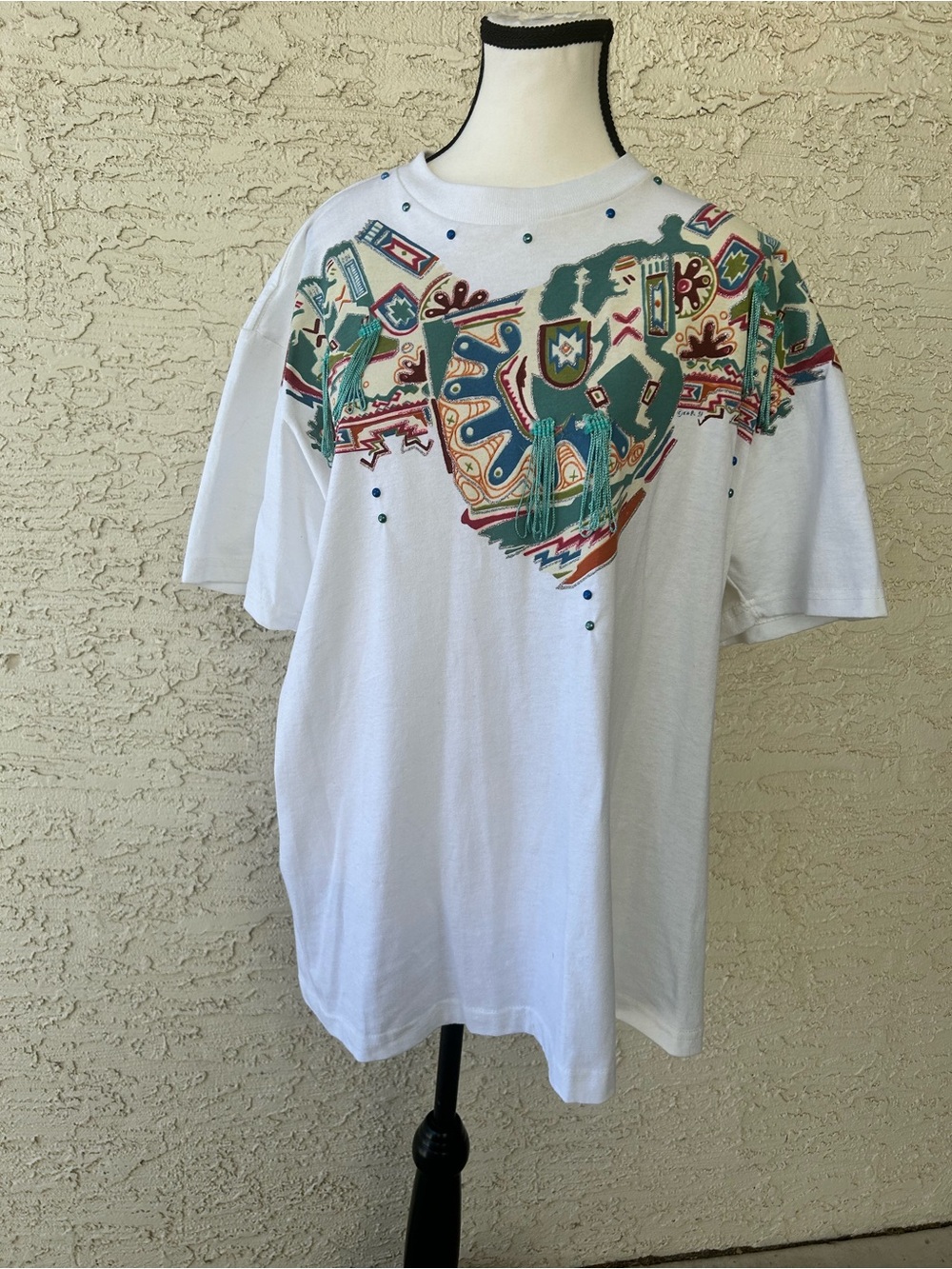 White vintage Graphic Tee with Teal & Red Southwestern Print